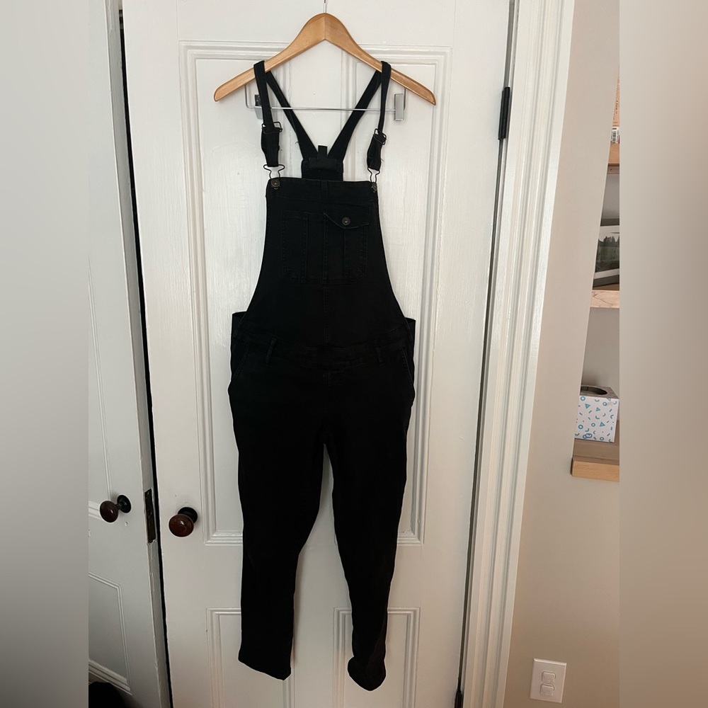 Black denim maternity overalls - side panel, size small.